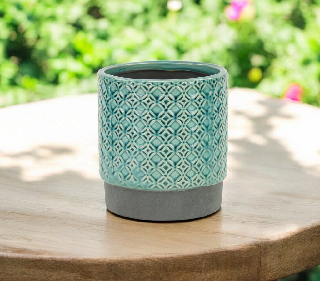 6" Turquoise Geometric Ceramic Indoor Outdoor Round Pot Planter-6